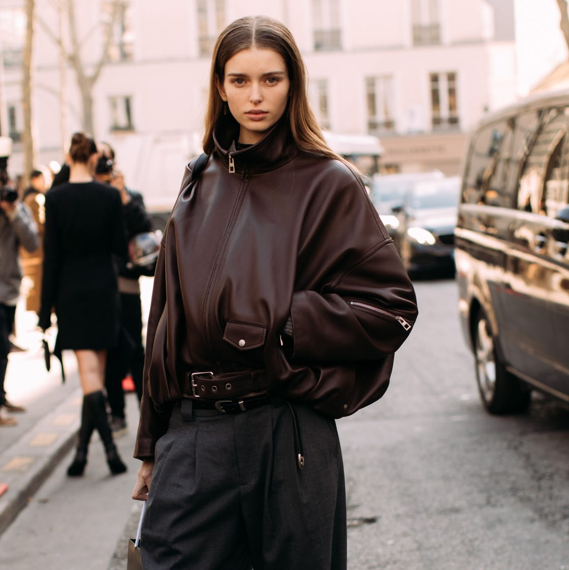 Oversized Leather Bomber Jacket with Wide-Leg Trousers — Classy Leather Outfits