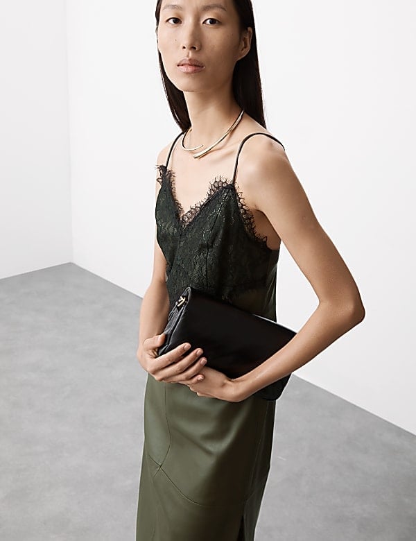 Olive Green Leather Midi Skirt for Evening — Classy Leather Outfits