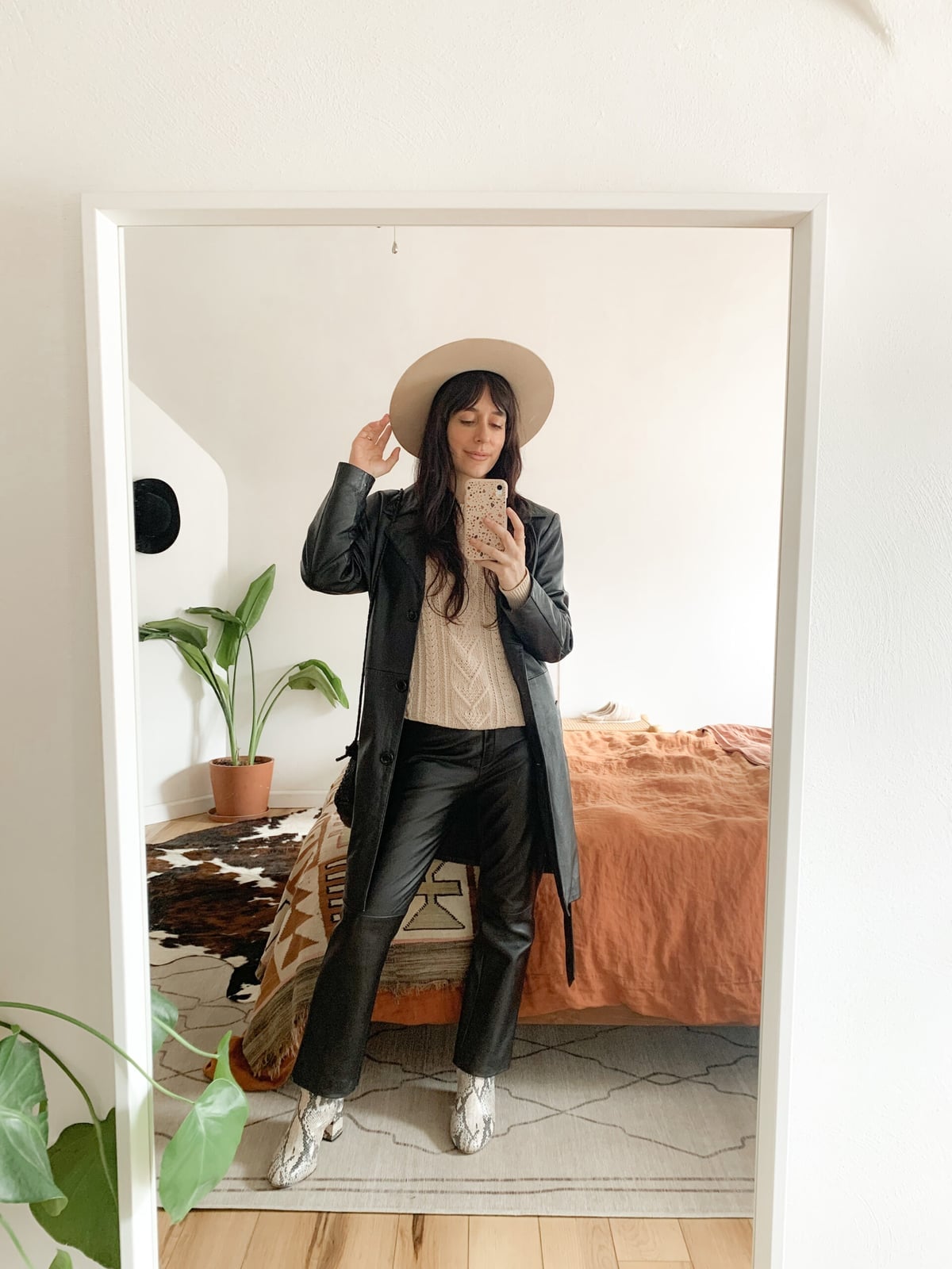 Leather Trench Coat with Snakeskin Boots — Classy Leather Outfits