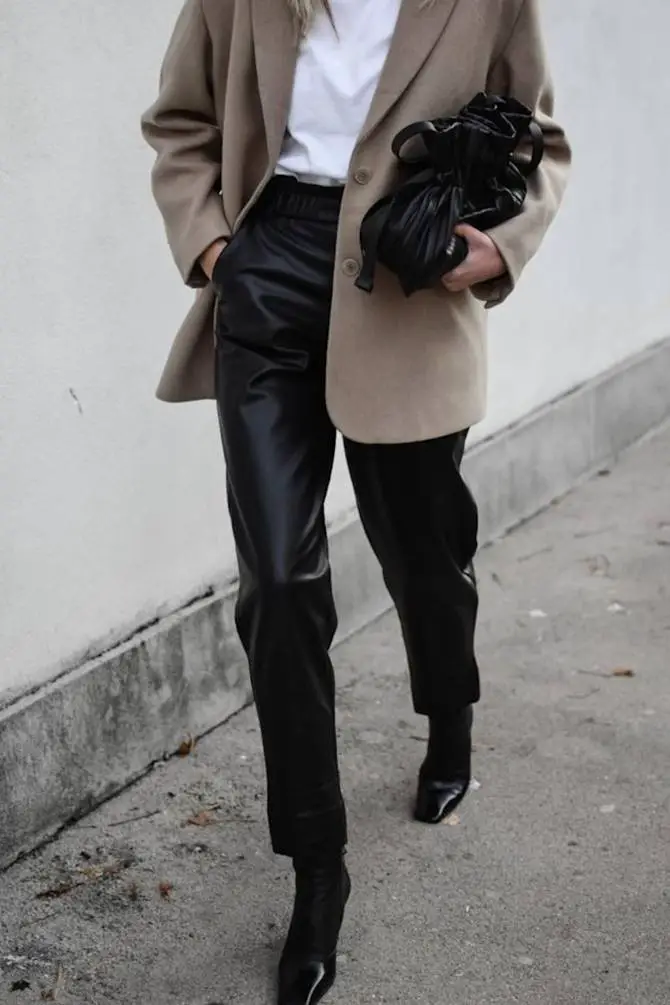 Wide-Leg Leather Trousers with a Blazer — Classy Leather Outfits