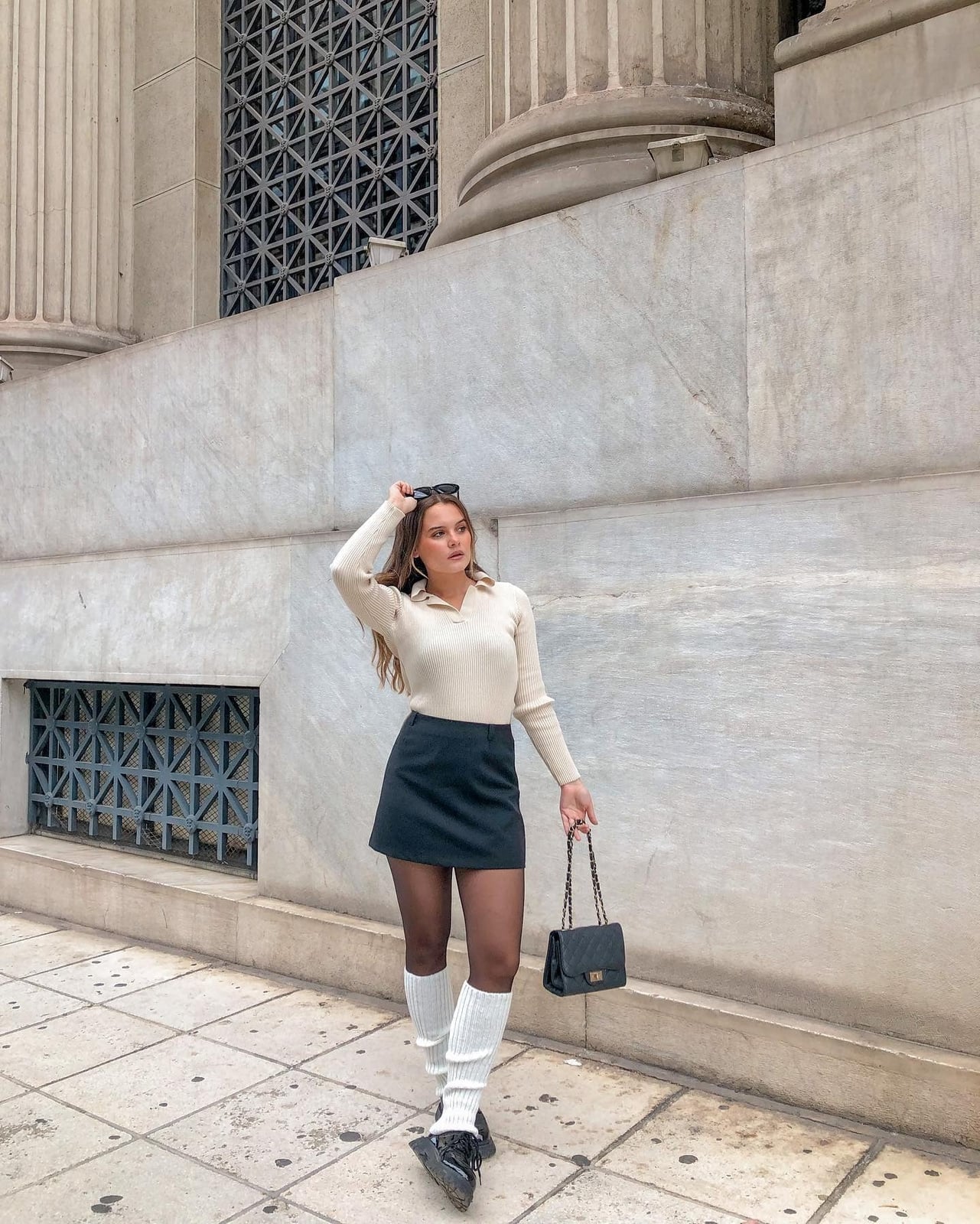 Cream Polo Sweater With Black Mini Skirt And White Leg Warmers Cream Polo Sweater With Black Mini Skirt And White Leg Warmers — Classy Leg Warmers Outfits