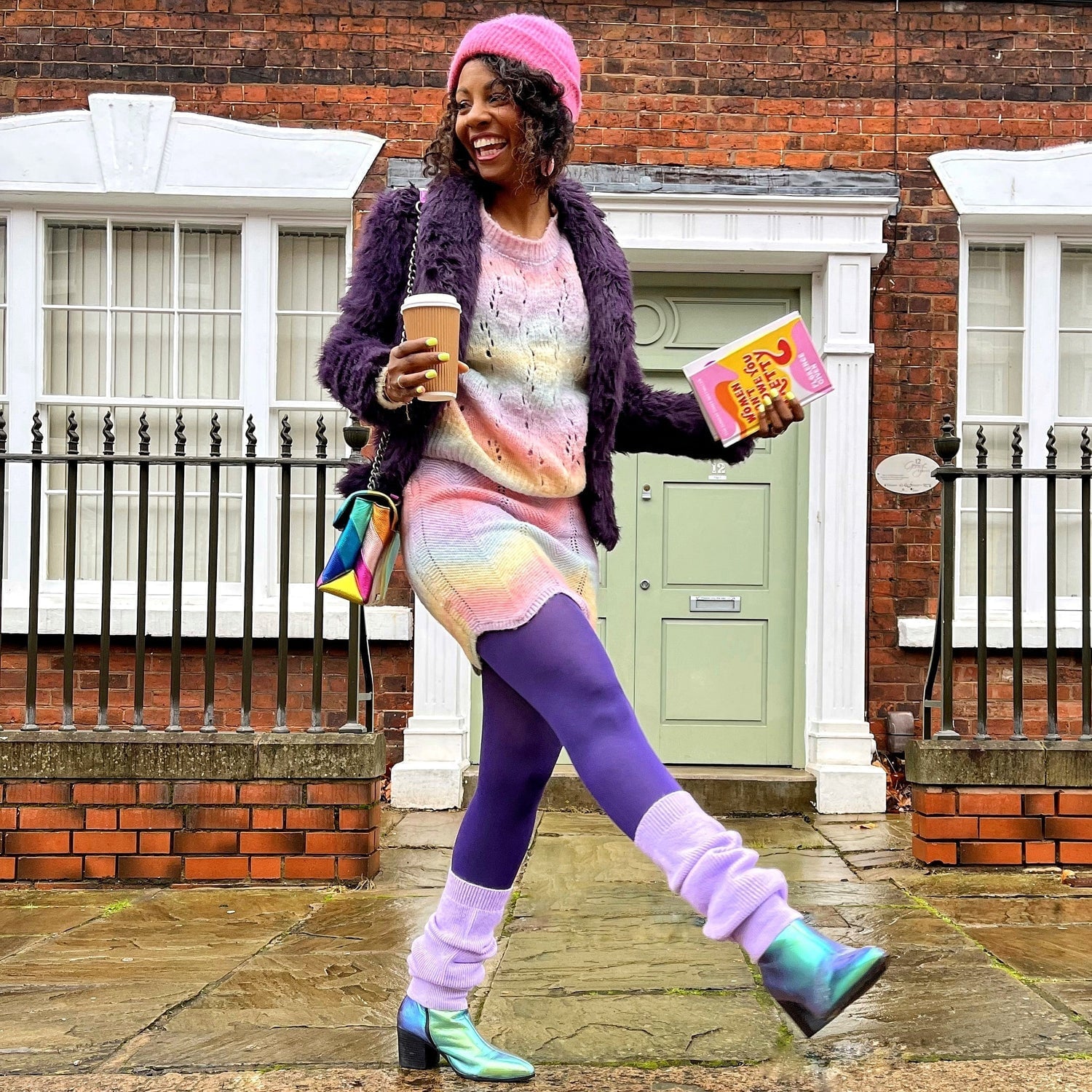 Rainbow Knit Dress With Purple Jacket And Purple Leg Warmers Rainbow Knit Dress With Purple Jacket And Purple Leg Warmers — Classy Leg Warmers Outfits
