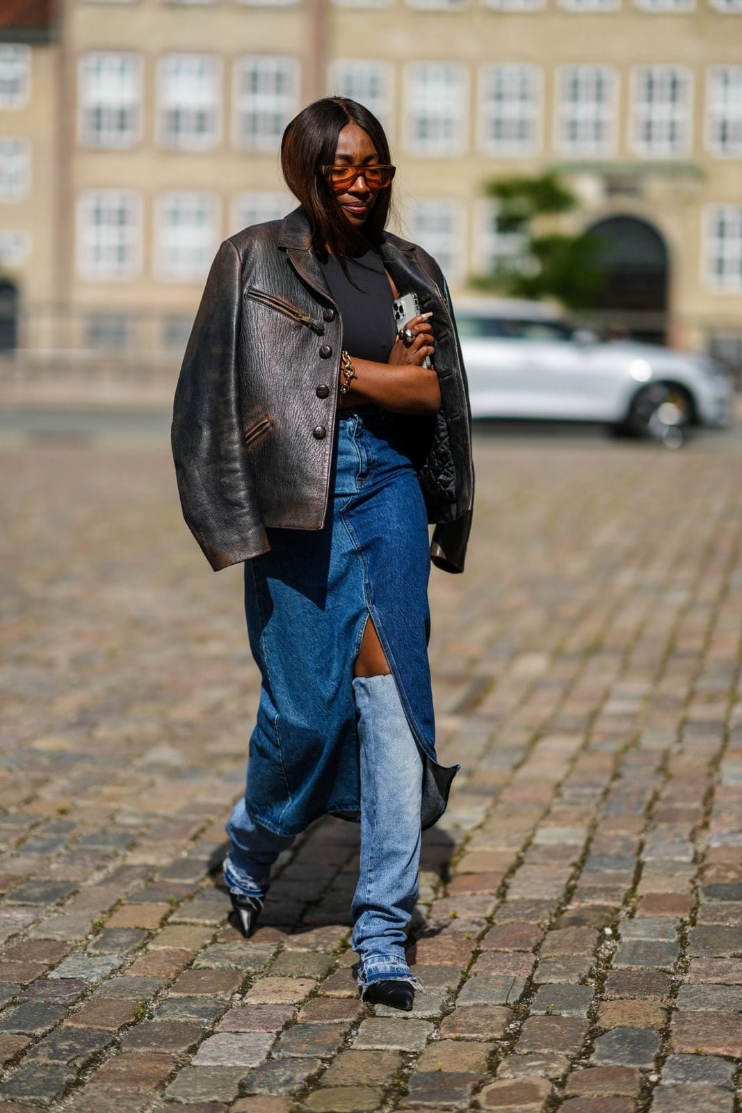 Denim Maxi Skirt With Denim Leg Warmers And Leather Jacket Denim Maxi Skirt With Denim Leg Warmers And Leather Jacket — Classy Leg Warmers Outfits