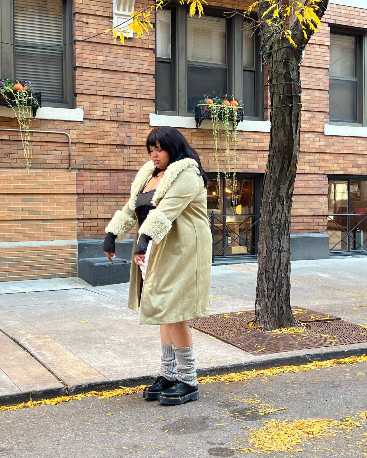 Beige Suede Coat With Black Dress And Gray Leg Warmers Beige Suede Coat With Black Dress And Gray Leg Warmers — Classy Leg Warmers Outfits