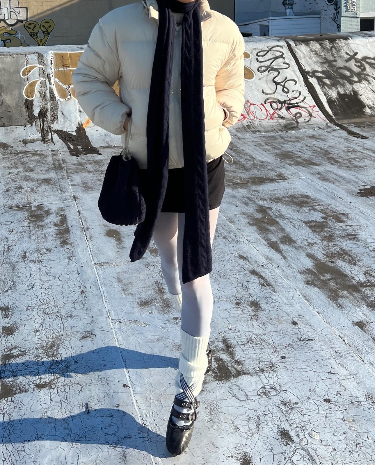 Cream Puffer Jacket With Black Mini Skirt And White Leg Warmers, Knit Cream Puffer Jacket With Black Mini Skirt And White Leg Warmers, Knit — Classy Leg Warmers Outfits