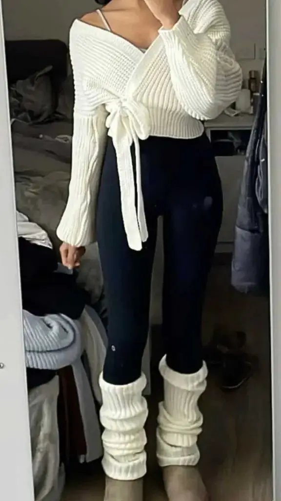 White Wrap Sweater With Black Leggings And White Leg Warmers White Wrap Sweater With Black Leggings And White Leg Warmers — Classy Leg Warmers Outfits