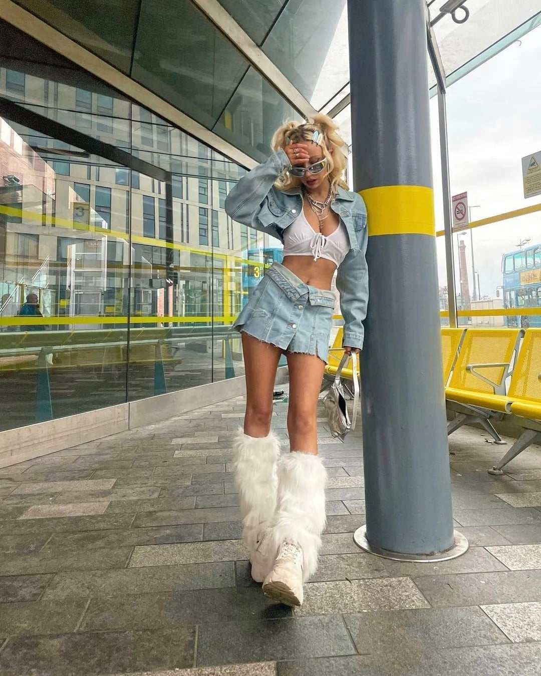 Denim Mini Skirt And Jacket With White Leg Warmers Denim Mini Skirt And Jacket With White Leg Warmers — Classy Leg Warmers Outfits