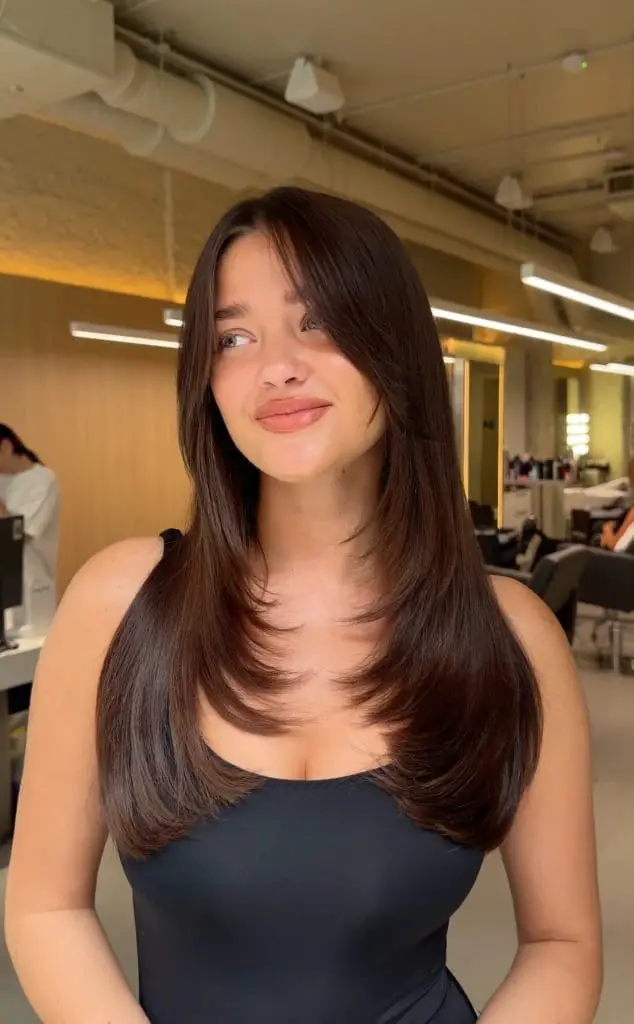 Mid-Back Straight Dark Brown Layers Mid-Back Straight Dark Brown Layers — Classy Length Hair
