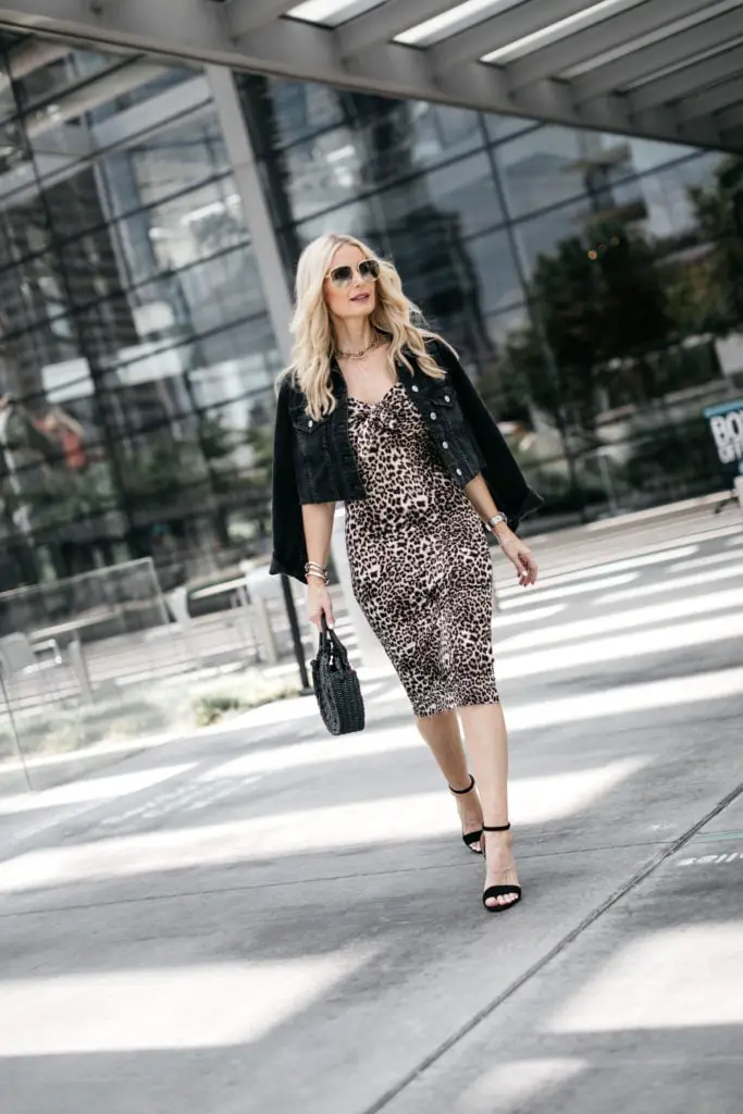 Fitted Leopard Print Midi Dress with Denim Jacket Fitted Leopard Print Midi Dress with Denim Jacket — Classy Leopard Dress