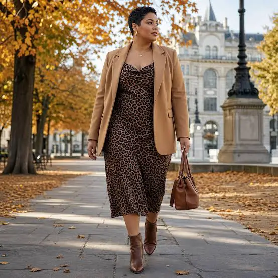 Casual Leopard Print Midi Dress with Tan Blazer Casual Leopard Print Midi Dress with Tan Blazer — Classy Leopard Dress