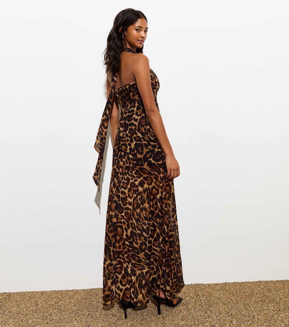 Flowing Leopard Print Maxi Dress with Halter Neckline Flowing Leopard Print Maxi Dress with Halter Neckline — Classy Leopard Dress