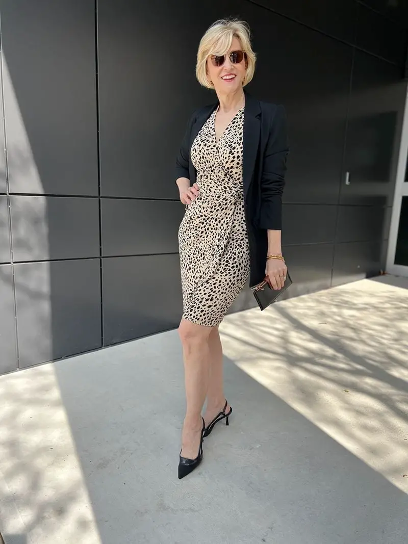 Leopard Print Wrap Dress with Black Blazer for Daytime Leopard Print Wrap Dress with Black Blazer for Daytime — Classy Leopard Dress