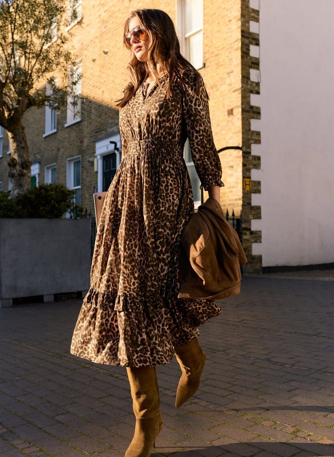 A-line Leopard Print Dress with Suede Boots A-line Leopard Print Dress with Suede Boots — Classy Leopard Dress