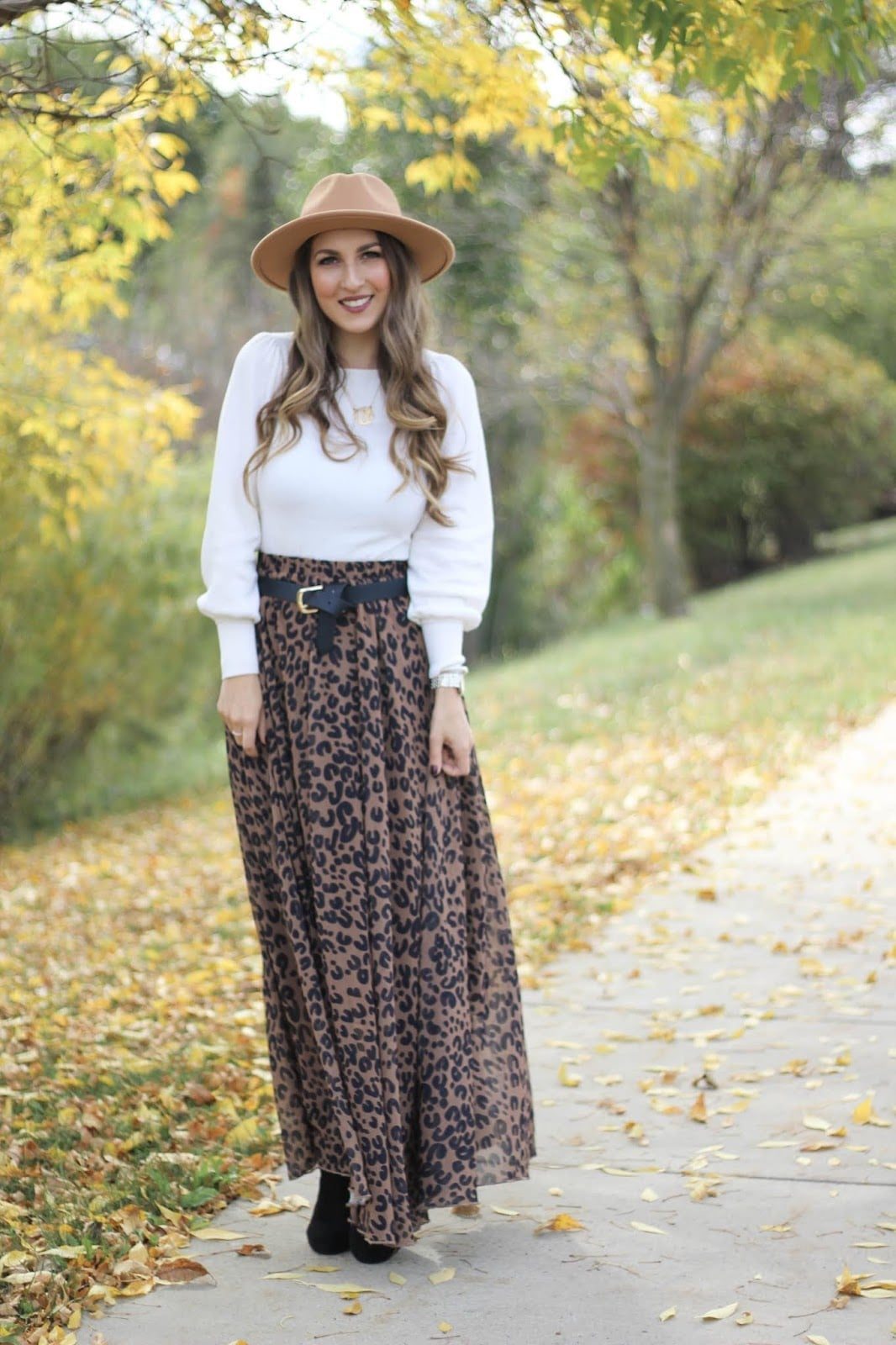 Flowing Leopard Maxi Skirt with Puff Sleeve Sweater — Classy Leopard Skirt Outfit