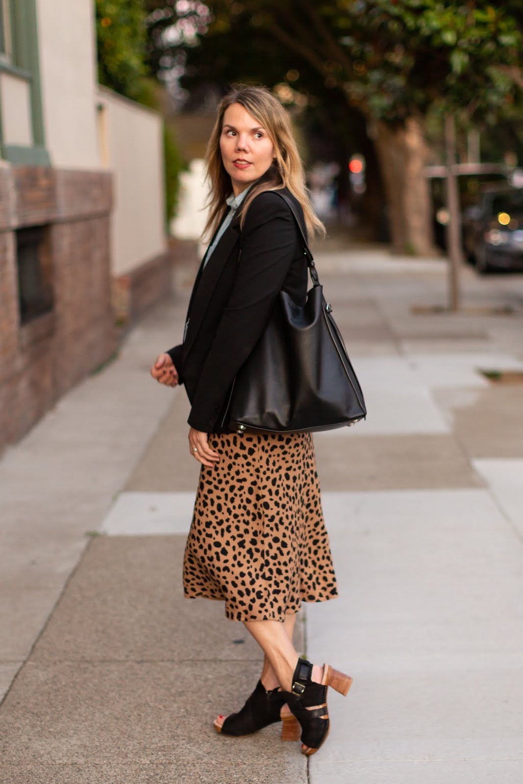 Beige Leopard Midi Skirt with Blazer for Work — Classy Leopard Skirt Outfit