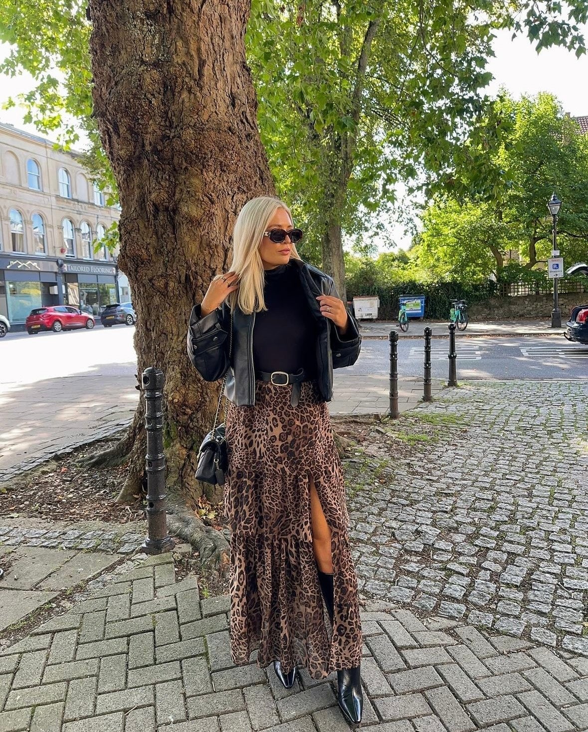 Leopard Maxi Skirt with Leather Jacket — Classy Leopard Skirt Outfit