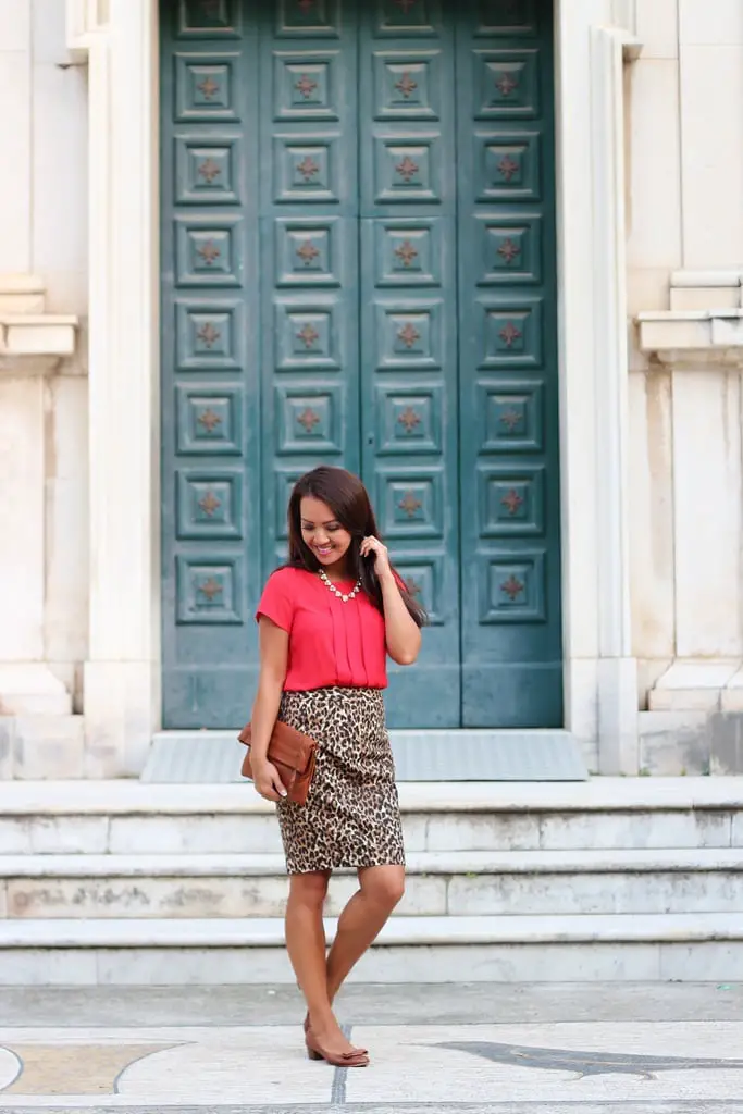 Leopard Pencil Skirt with Red Collared Top — Classy Leopard Skirt Outfit