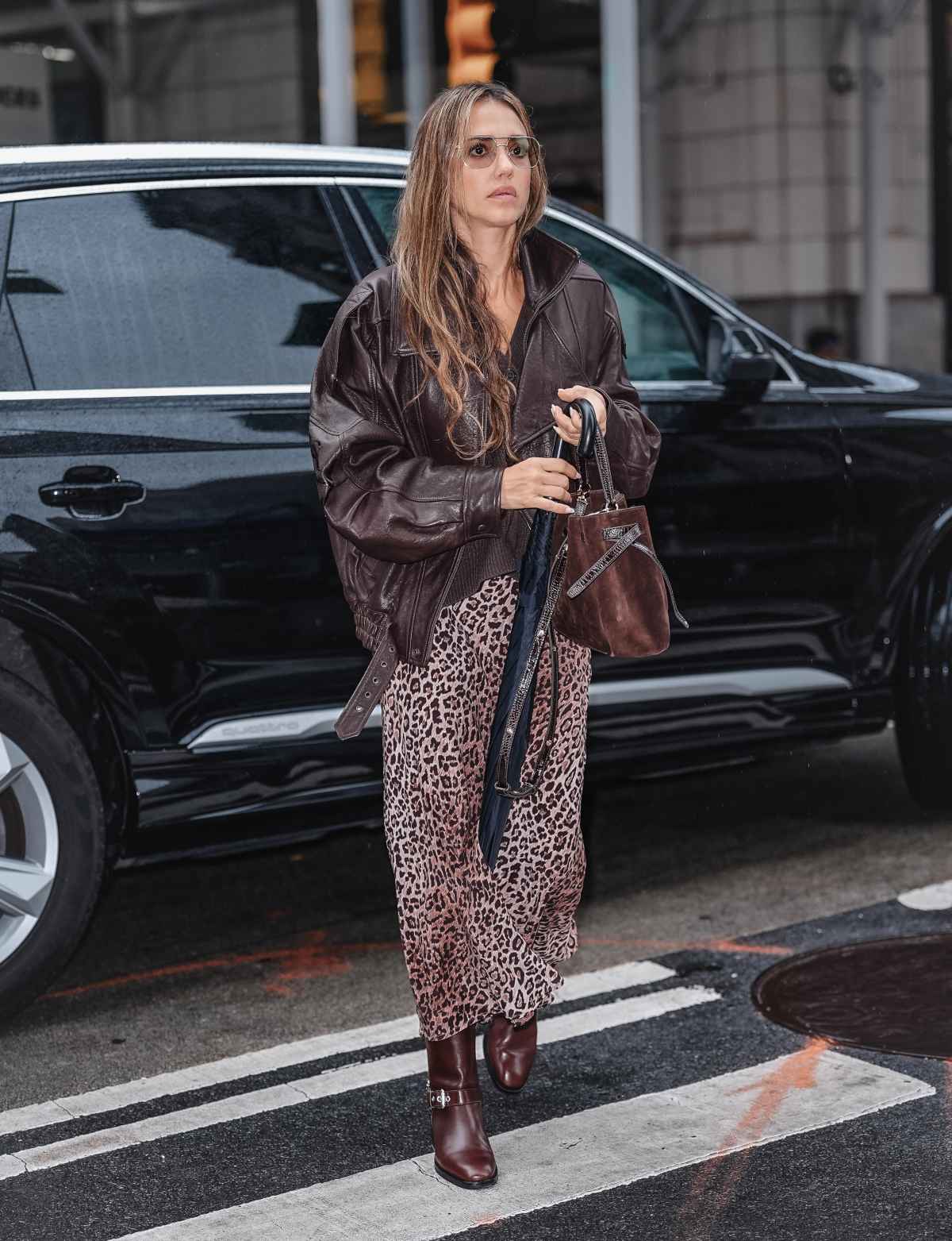 Leopard Midi Skirt with Oversized Leather Jacket — Classy Leopard Skirt Outfit