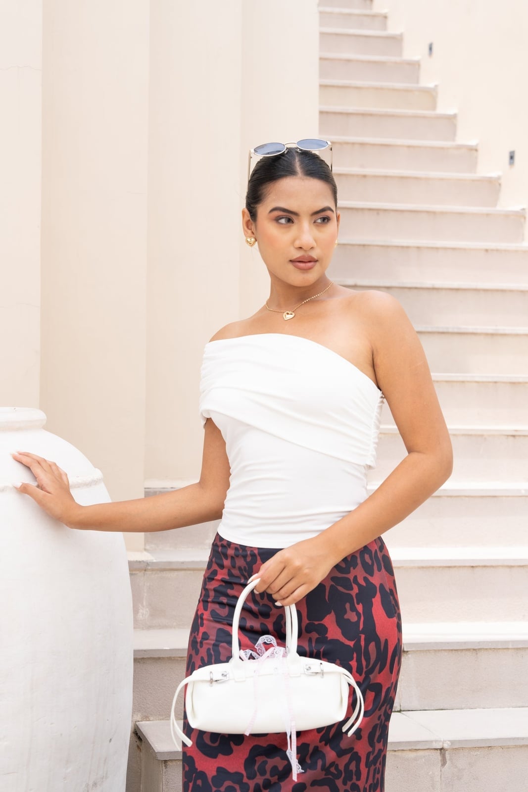 Red Leopard Maxi Skirt with Off-Shoulder Top — Classy Leopard Skirt Outfit