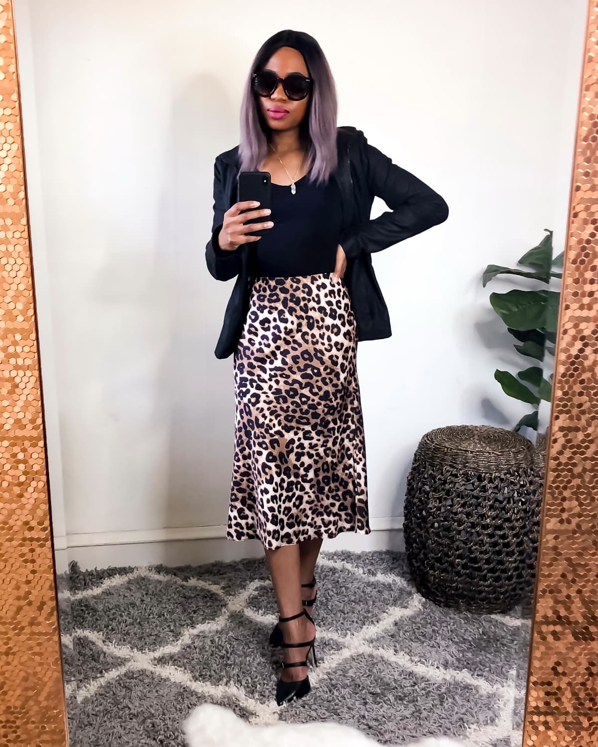 Leopard Satin Midi Skirt with Black Blazer for Evening — Classy Leopard Skirt Outfit