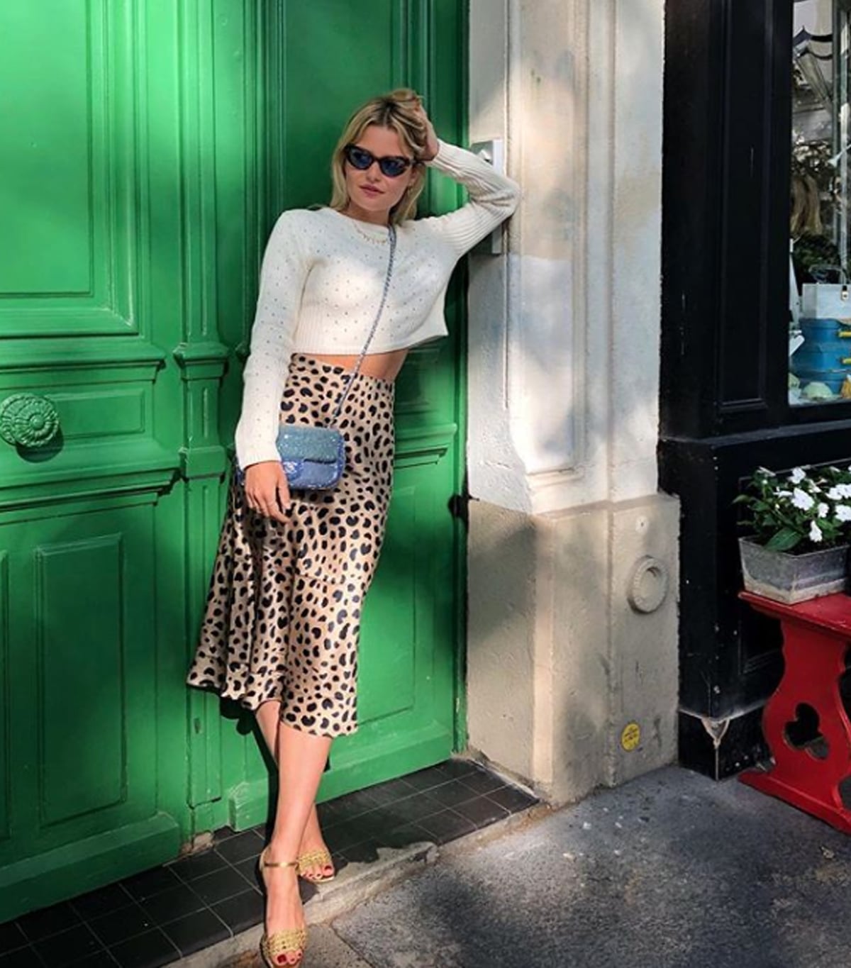 Leopard Midi Skirt with White Cropped Sweater — Classy Leopard Skirt Outfit