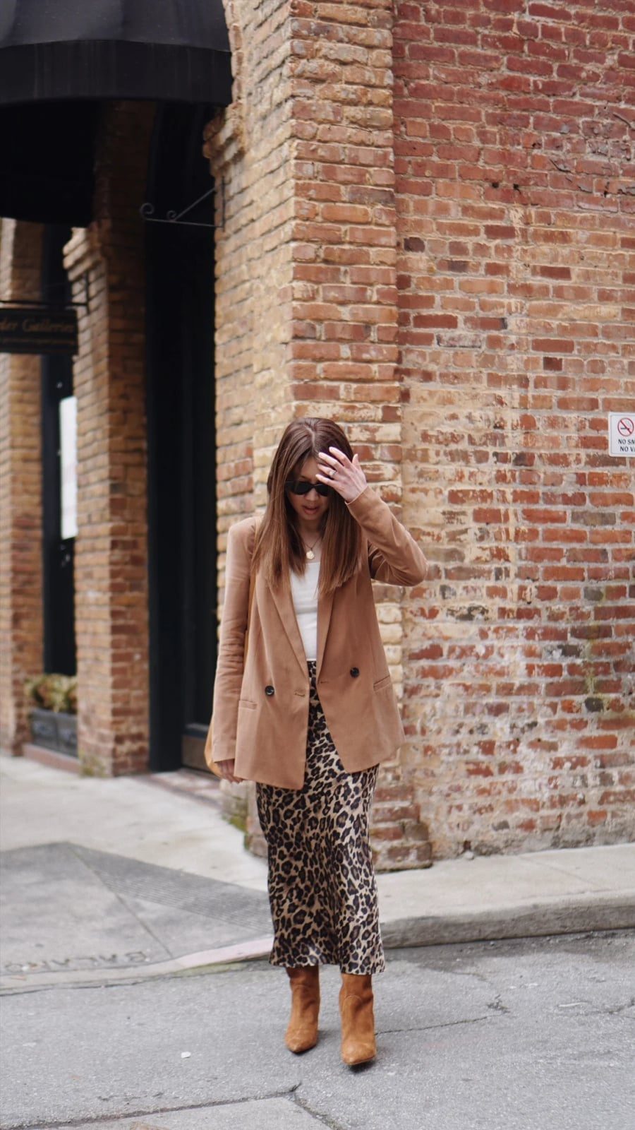 Satin Leopard Midi Skirt with Oversized Blazer — Classy Leopard Skirt Outfit