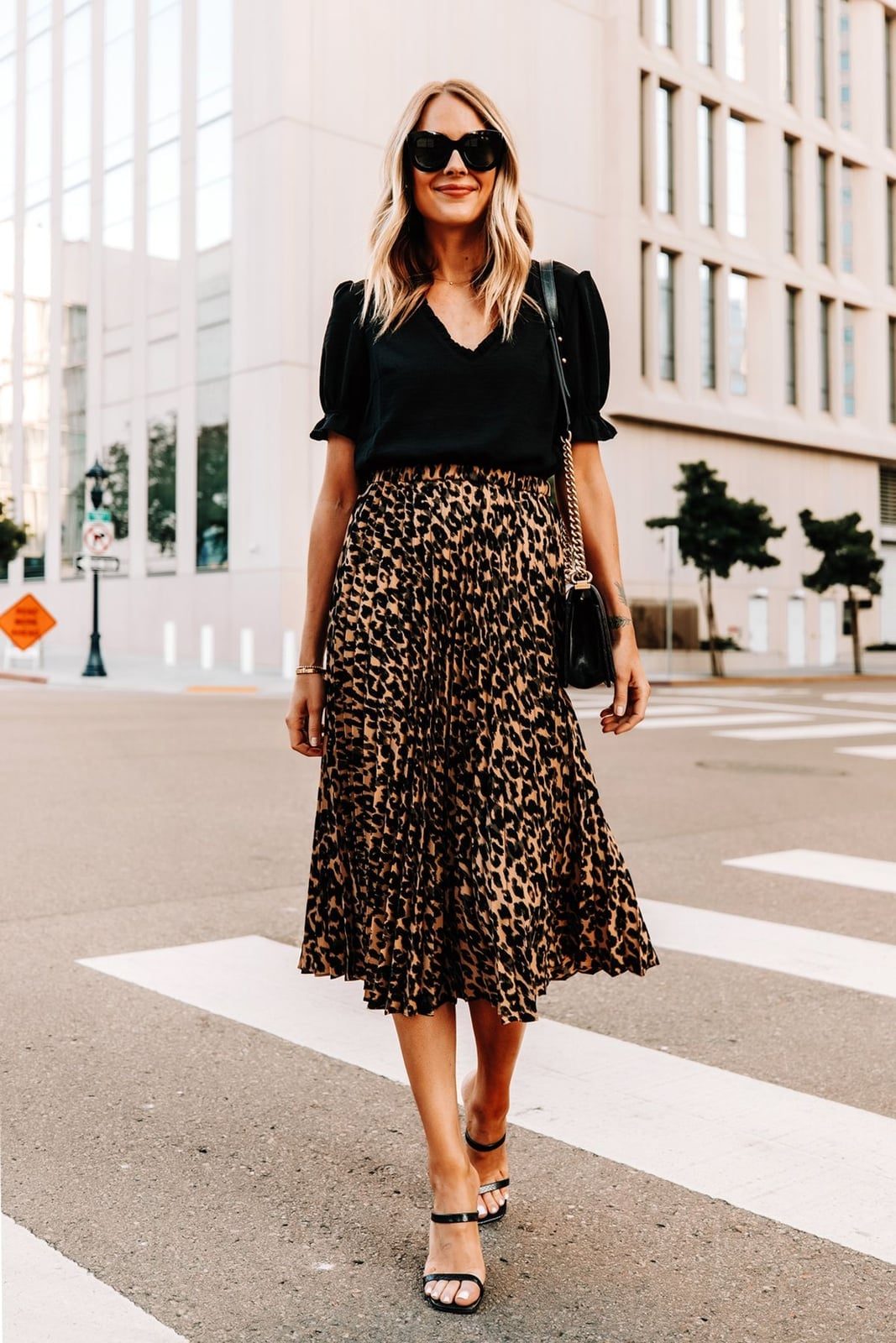 Pleated Leopard Midi Skirt with Puff Sleeve Top — Classy Leopard Skirt Outfit