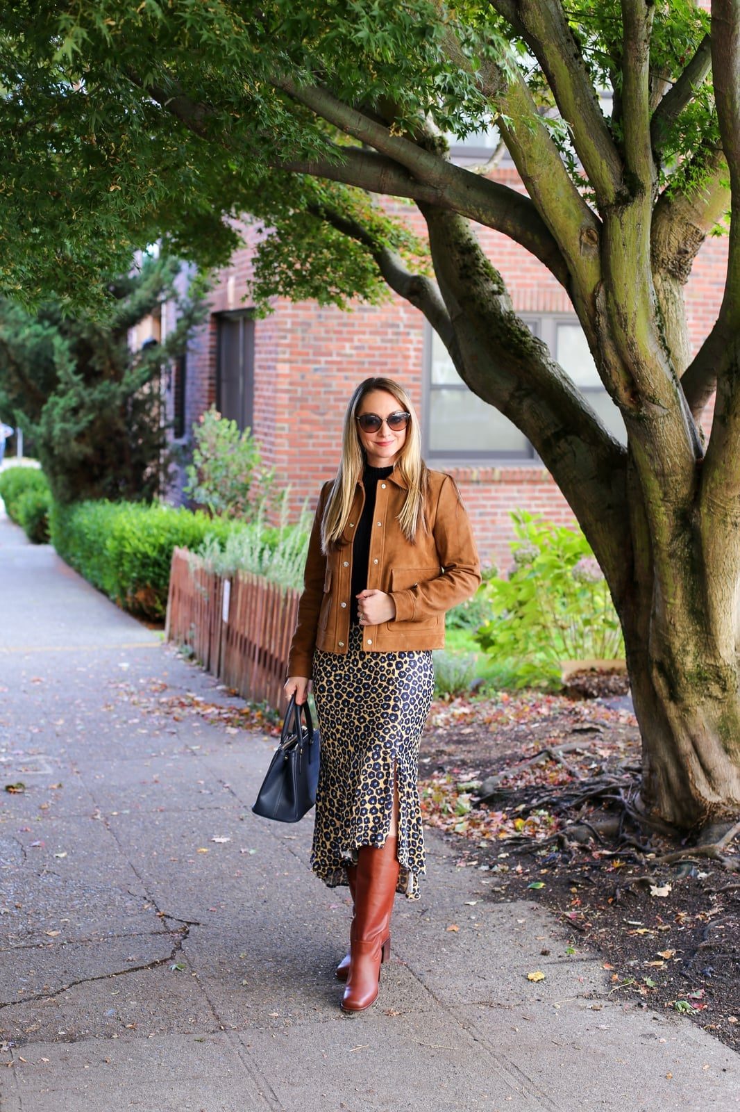 Leopard Satin Skirt with Suede Jacket and Boots — Classy Leopard Skirt Outfit