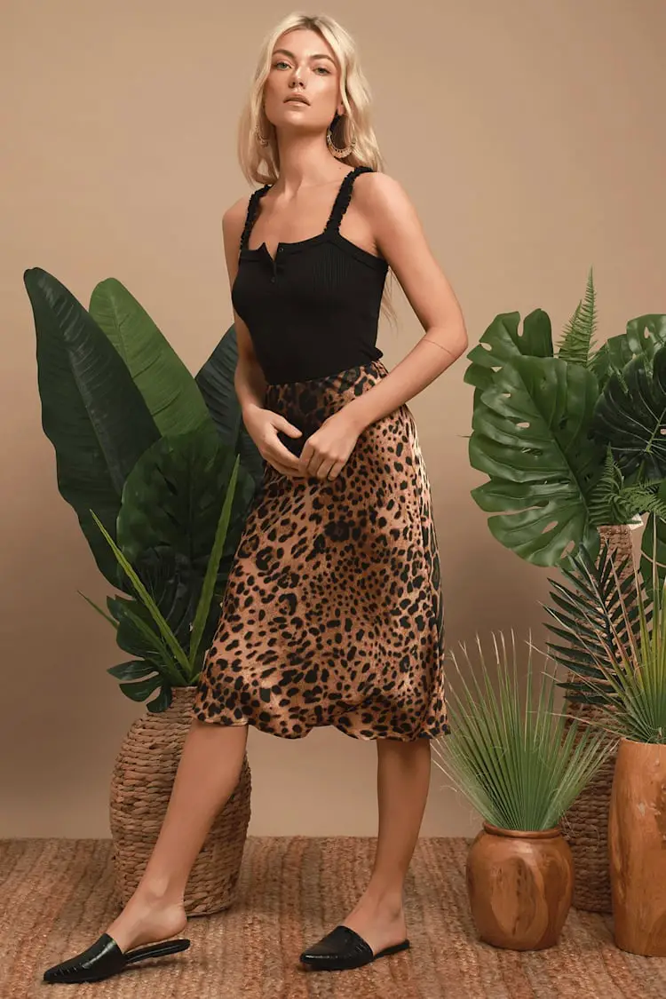 A-line Leopard Satin Skirt with Ribbed Tank — Classy Leopard Skirt Outfit
