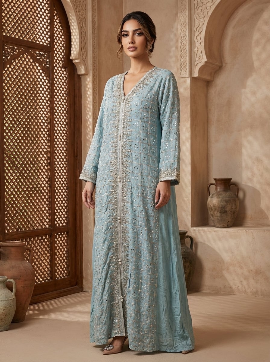 Elegant Embroidered Modest Blue Maxi Dress for Women – Luxury Arabic S – FineLook