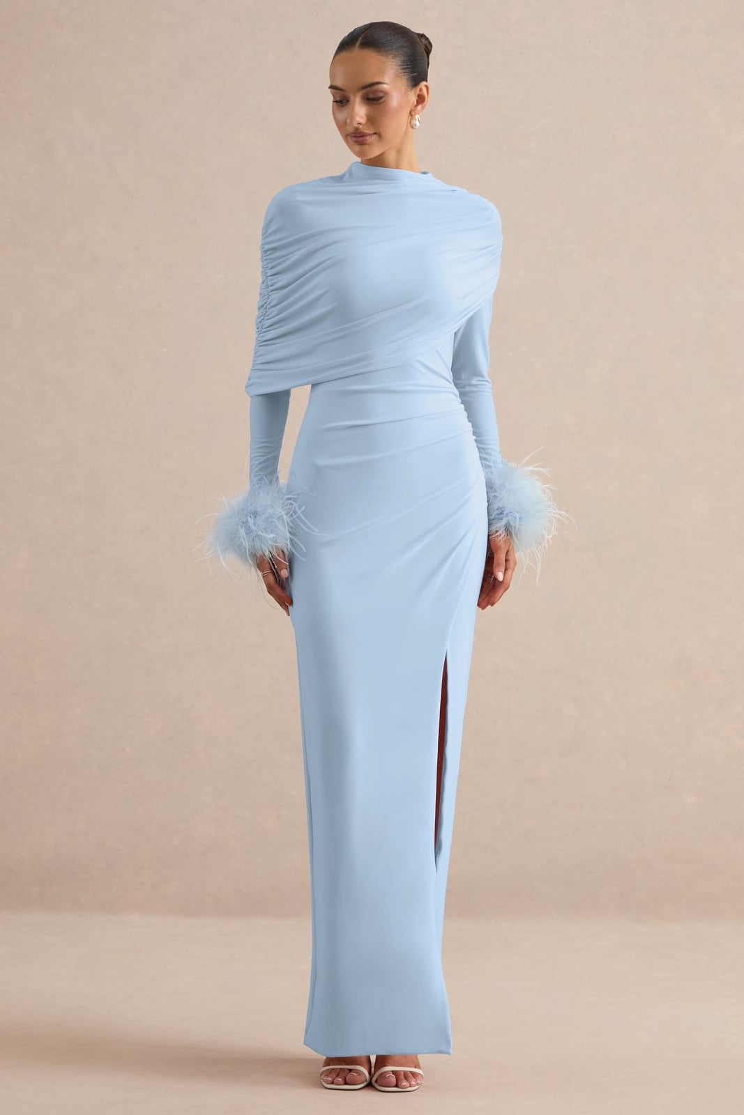 Light Blue Gown with Feather Trim and Slit Light Blue Gown with Feather Trim and Slit — Classy Light Blue Outfits
