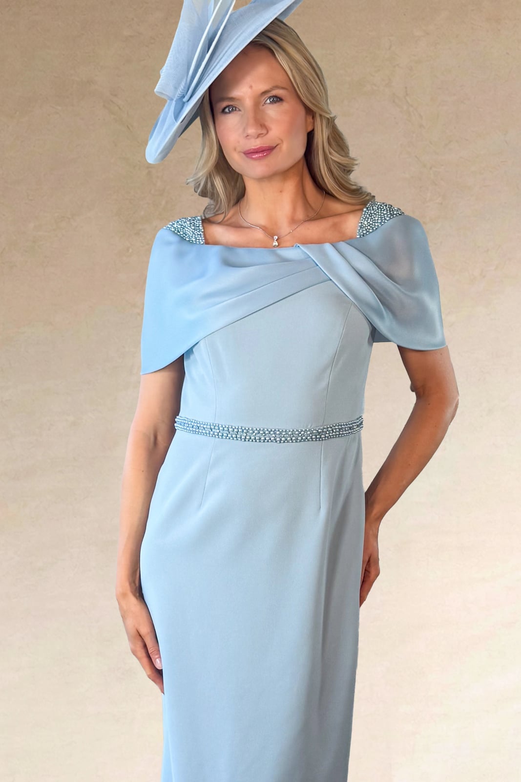 Fitted Light Blue Crepe Dress with Beaded Embellishments Fitted Light Blue Crepe Dress with Beaded Embellishments — Classy Light Blue Outfits