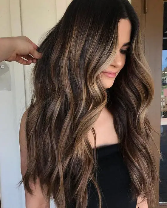 Long Dark Brown With Light Brown Balayage and Curtain Bangs — Classy Light Brown Balayage