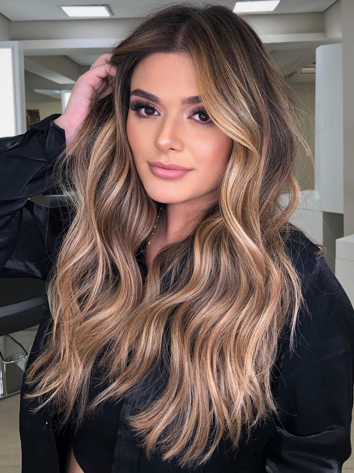 Light Brown Balayage With Blonde Highlights and Curtain Bangs — Classy Light Brown Balayage