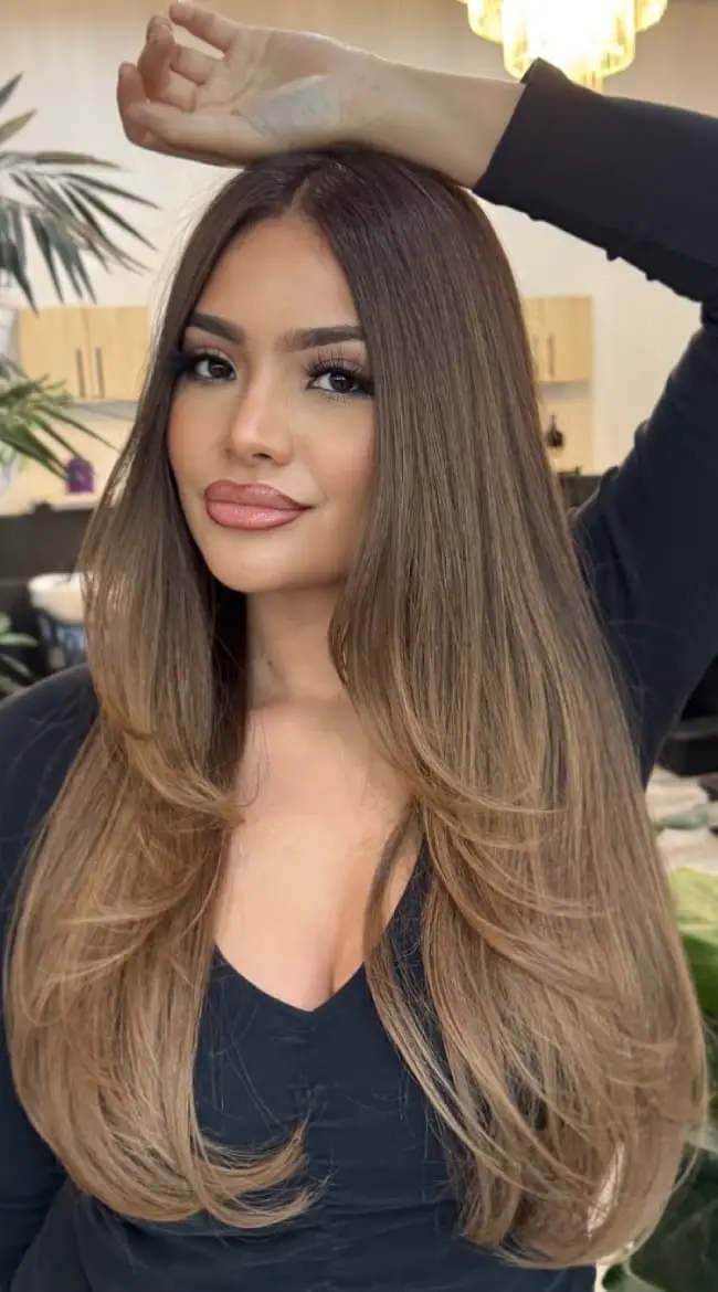 Mid-Back Light Brown Balayage Blowout With Curtain Bangs, Straight — Classy Light Brown Balayage