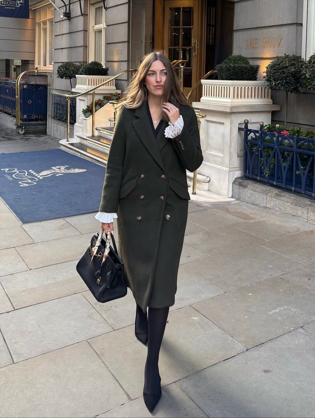 Dark Green Wool Coat with Ruffled Shirt Cuffs Dark Green Wool Coat with Ruffled Shirt Cuffs — Classy London Outfits