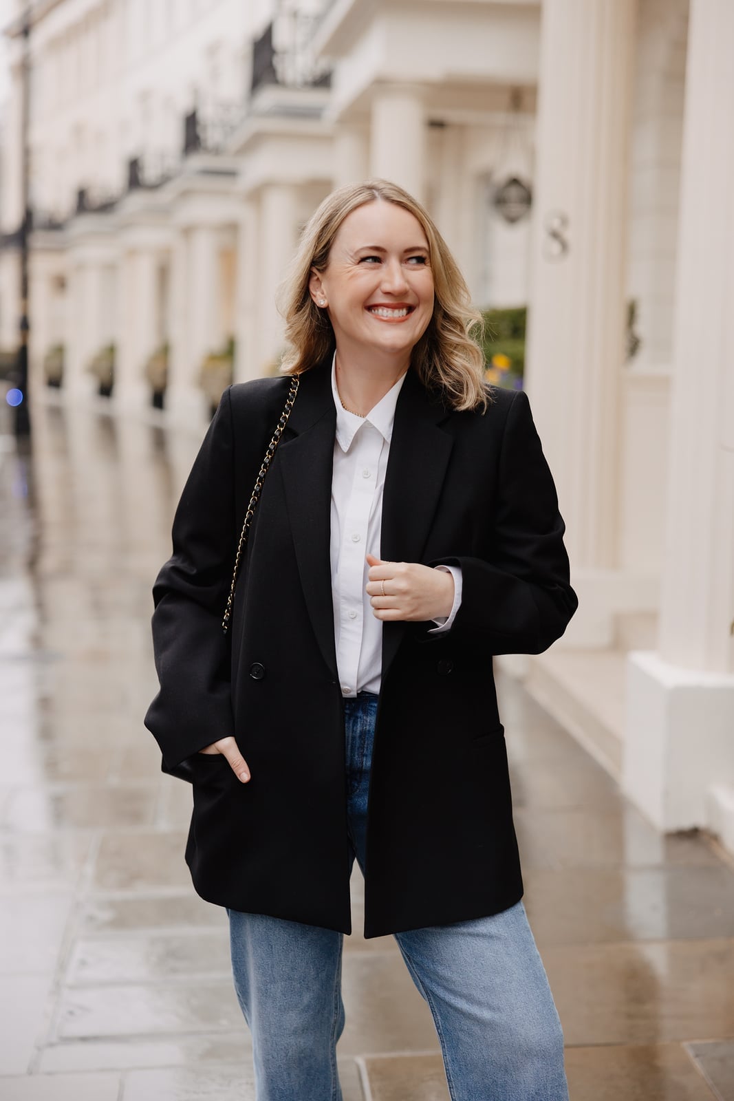 Black Oversized Blazer with White Shirt and Jeans Black Oversized Blazer with White Shirt and Jeans — Classy London Outfits