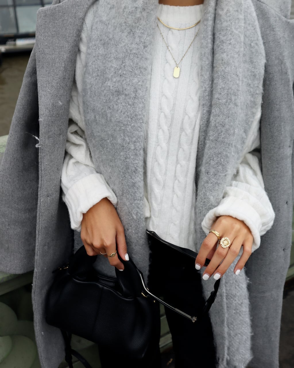Gray Wool Coat Over White Cable Knit Sweater Gray Wool Coat Over White Cable Knit Sweater — Classy London Outfits