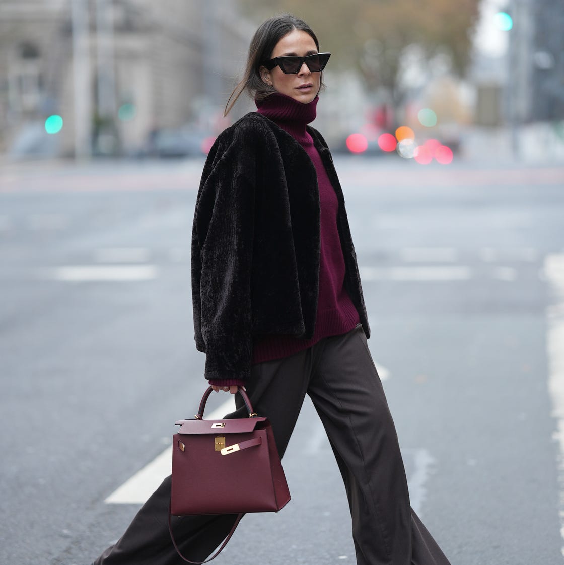 Black Faux Fur Jacket with Burgundy Turtleneck Black Faux Fur Jacket with Burgundy Turtleneck — Classy London Outfits