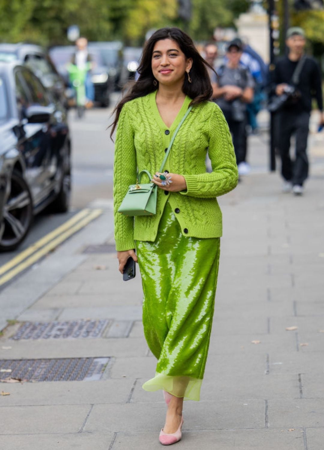 Lime Green Cardigan with Sequin Maxi Skirt Lime Green Cardigan with Sequin Maxi Skirt — Classy London Outfits