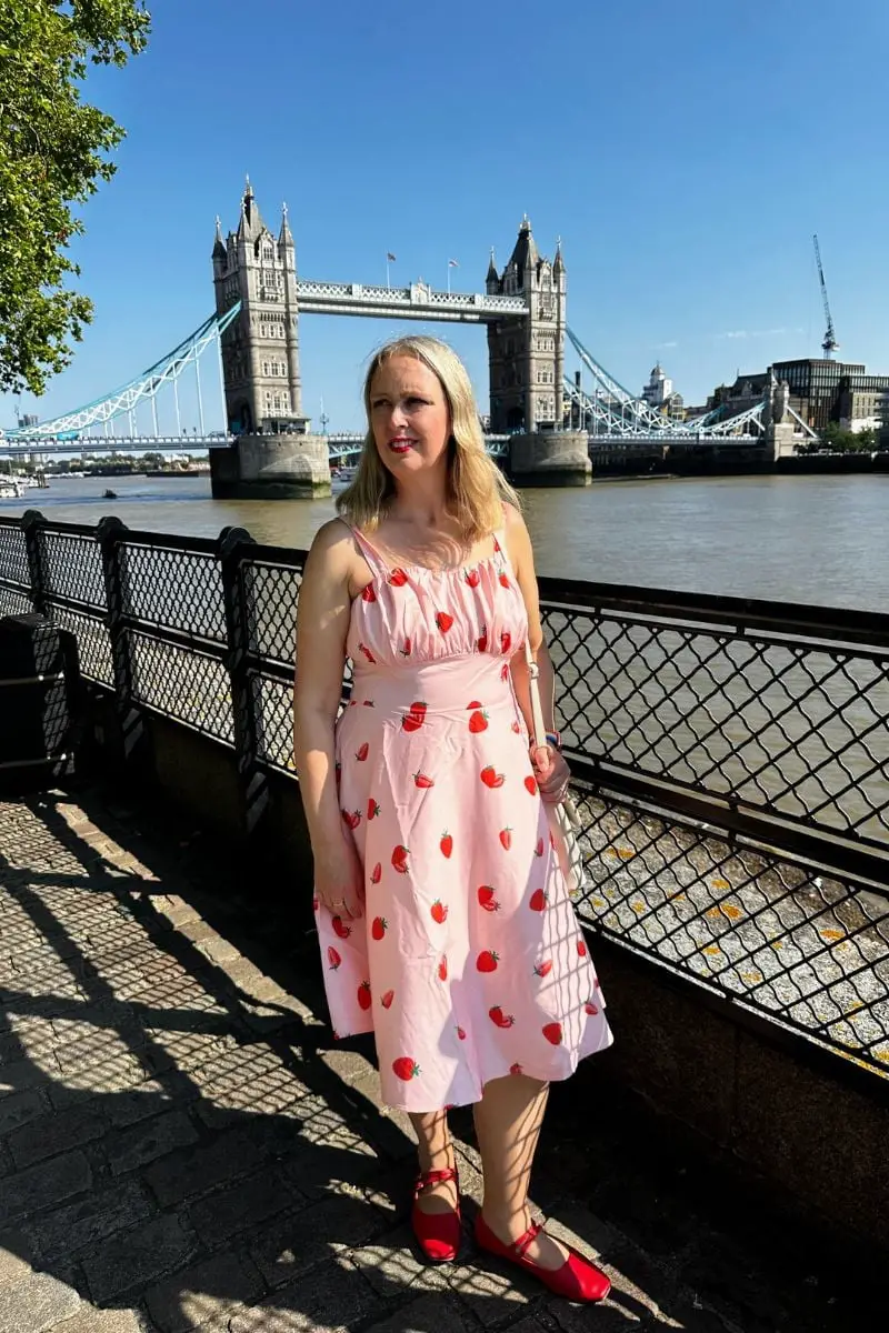 Pink Strawberry Print Dress with Red Flats Pink Strawberry Print Dress with Red Flats — Classy London Outfits