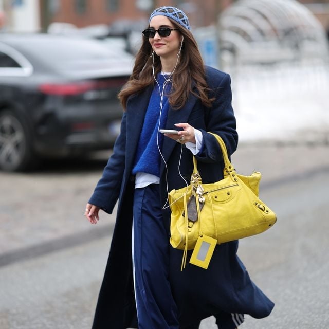 Navy Overcoat with Blue Sweater and Yellow Handbag Navy Overcoat with Blue Sweater and Yellow Handbag — Classy London Outfits