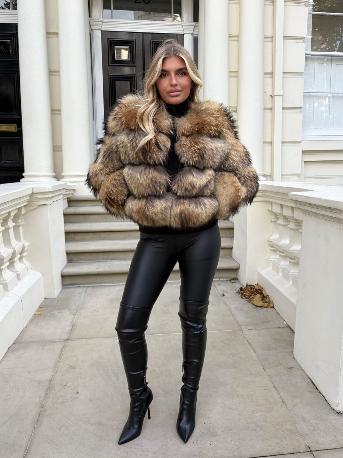 Voluminous Brown Fur Jacket with Leather Leggings Voluminous Brown Fur Jacket with Leather Leggings — Classy London Outfits
