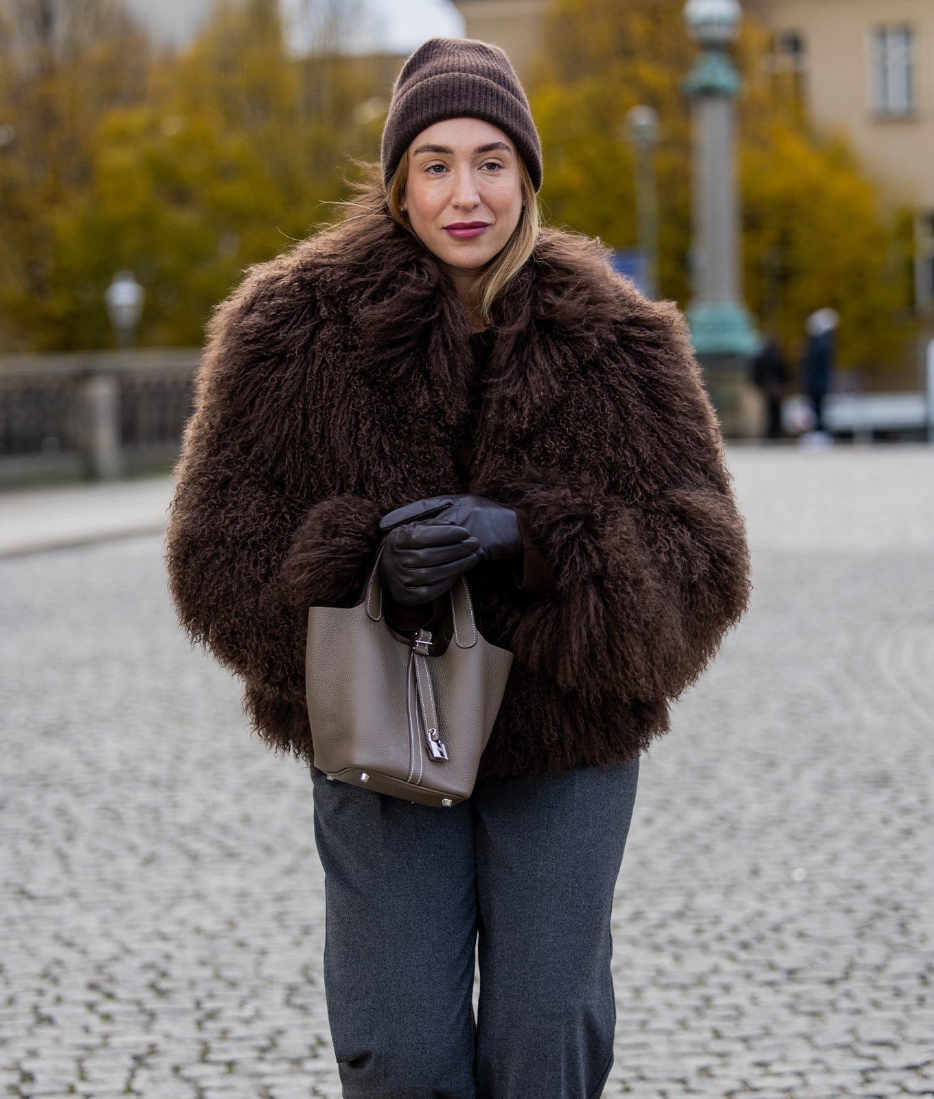 Brown Shaggy Faux Fur Coat with Neutral Trousers Brown Shaggy Faux Fur Coat with Neutral Trousers — Classy London Outfits