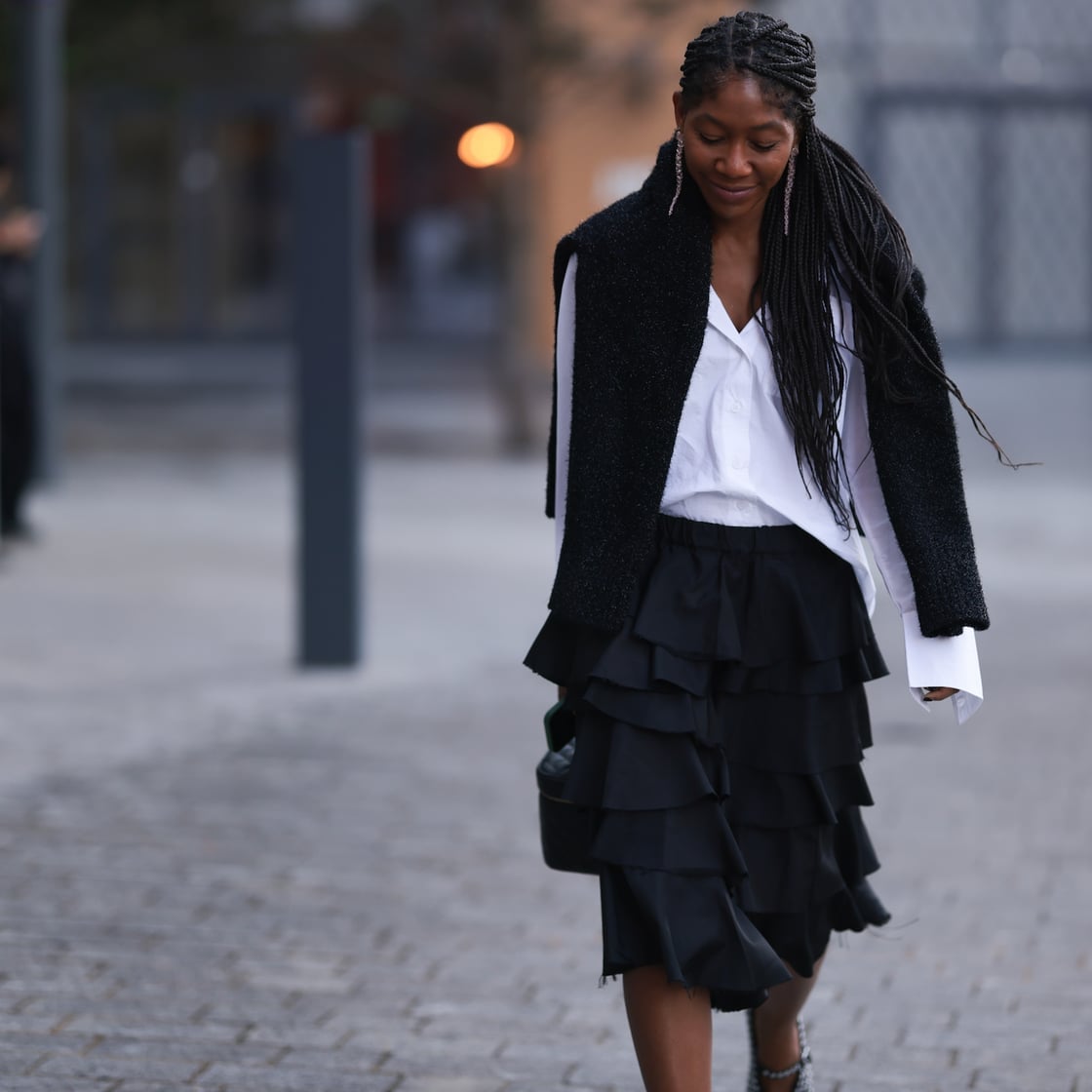 White Shirt with Black Tiered Skirt and Jacket White Shirt with Black Tiered Skirt and Jacket — Classy London Outfits
