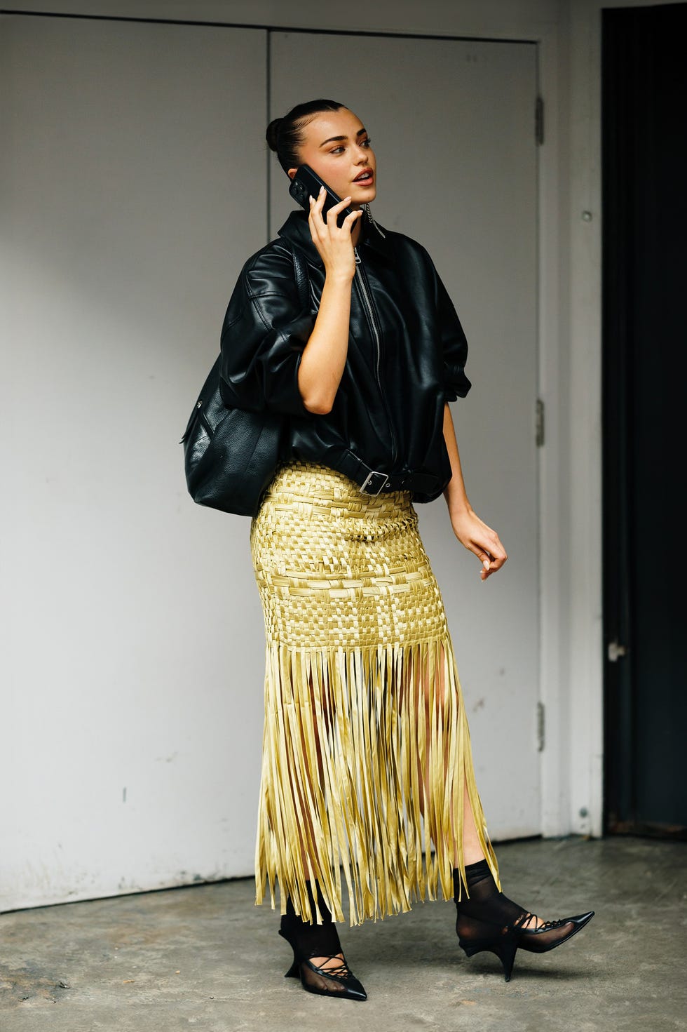 Leather Bomber Jacket with Yellow Fringe Maxi Skirt Leather Bomber Jacket with Yellow Fringe Maxi Skirt — Classy London Outfits