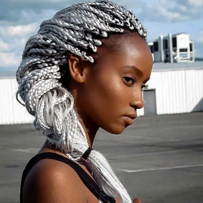Silver Gray Box Braids Swept to Side Silver Gray Box Braids Swept to Side — Classy Long Braids