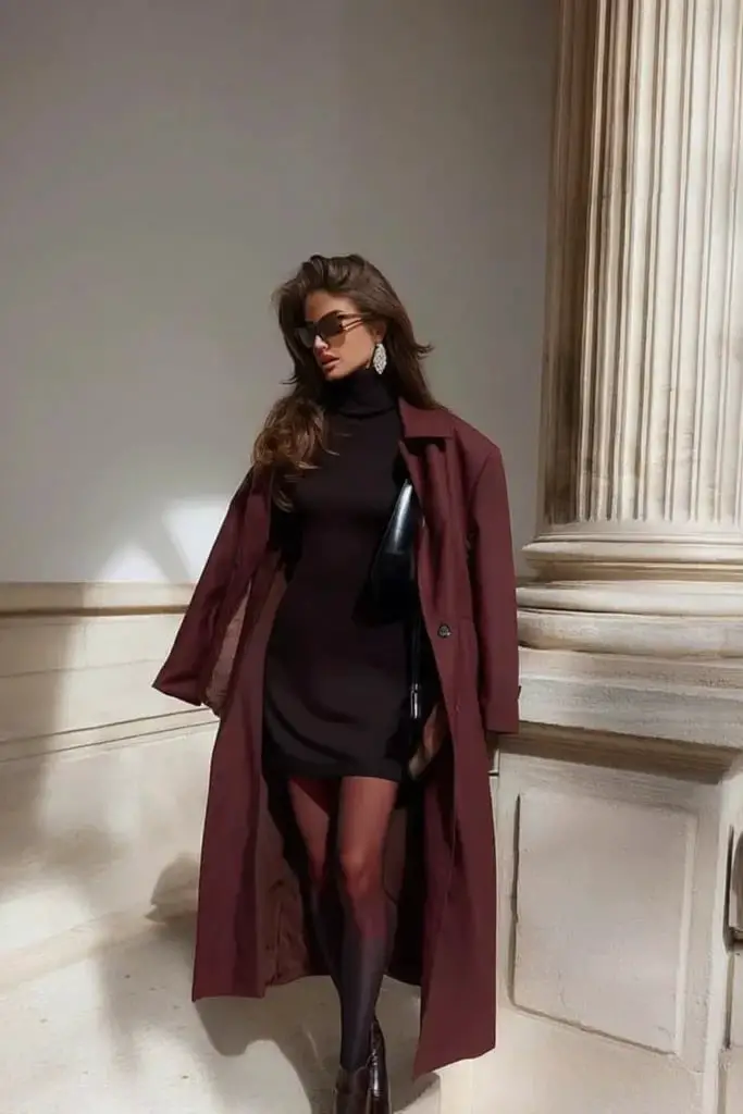 Oversized Trench Coat Over Maroon Mini Dress Oversized Trench Coat Over Maroon Mini Dress — Classy Maroon Outfits