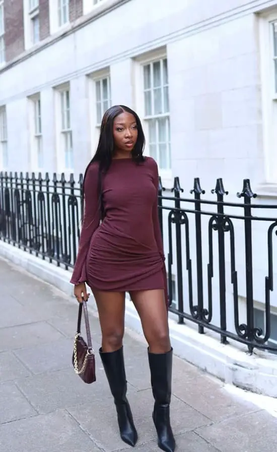 Ruched Burgundy Mini Dress with Pointed Boots Ruched Burgundy Mini Dress with Pointed Boots — Classy Maroon Outfits