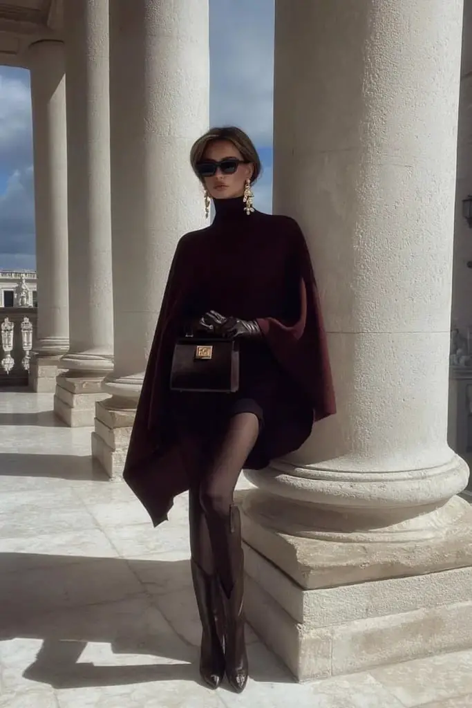 Maroon Turtleneck with Dramatic Cape Maroon Turtleneck with Dramatic Cape — Classy Maroon Outfits